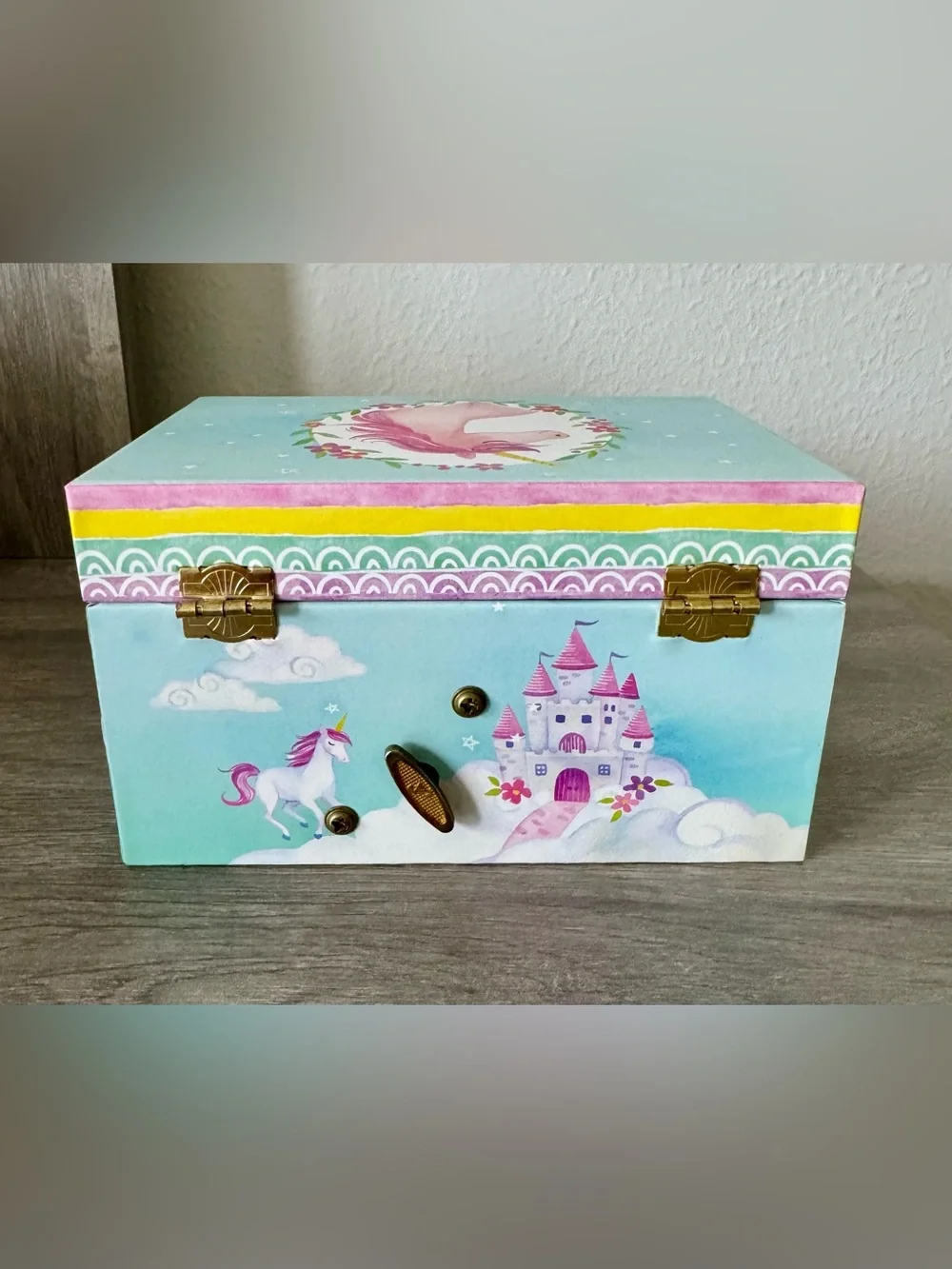 Girl's Musical Jewelry Storage Box with Spinning Unicorn, 6 x 4.65 x 3.5 inches